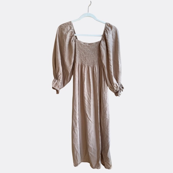 O.P.T Athena Puff Sleeve Smocked Bodice Midi Dress – Size S – Clay Brown - Picture 2 of 9